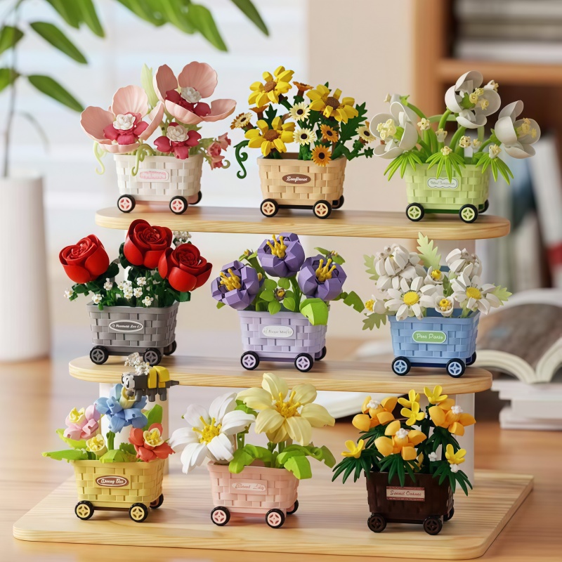 Gardening Tools Girls - กล่องเซอร์ไพรส์รถเข็นดอกไม้ ชุดตัวต่อบล็อก DIY สำหรับประกอบตะกร้าดอกไม้ ดอกกุหลาบ ดอกทานตะวัน