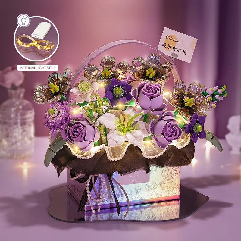 Gardening Tools Girls - ชุดตัวต่อบล็อกสร้างสรรค์ รูปช่อกุหลาบสีชมพู แบบพกพา พร้อมกล่องของขวัญ ซีรีส์โมเดลตัวต่อ ของขวัญสำหรับเด็กผู้หญิง