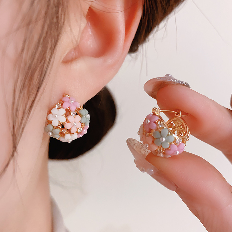 Gardening Tools Girls - แฟชั่นZirconเพิร์ลดอกไม้ตะกร้าหูหัวเข็มขัดหวานสีชมพูRhinestoneกลีบดอกไม้ต่างหูเครื่องประดับงานแต่งงานของขวัญหญิง