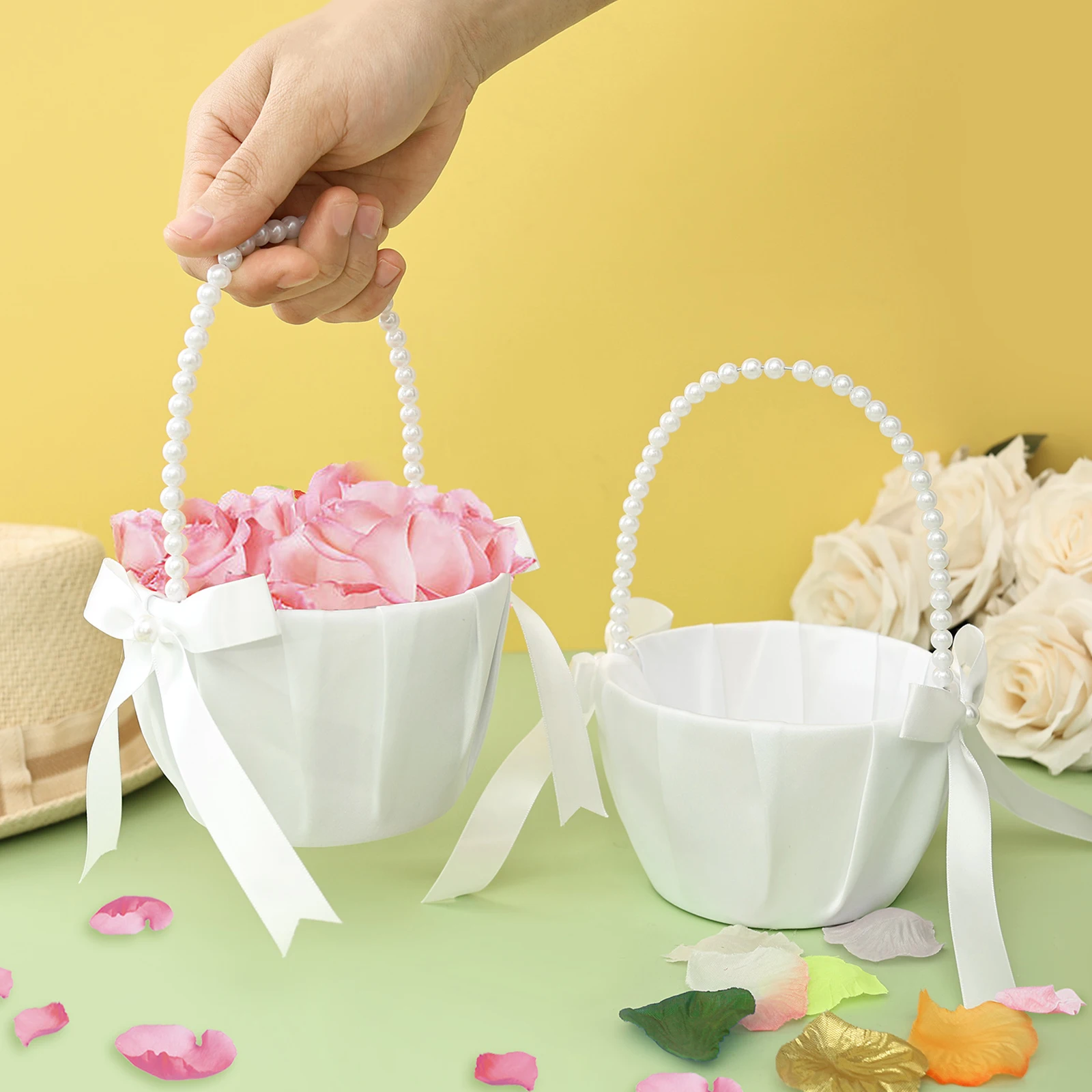 Gardening Tools Girls - 2 ชิ้น ตะกร้าดอกไม้งานแต่งงาน โบว์ผ้าซาติน สไตล์ตะวันตก พร้อมหูจับมุกเทียม